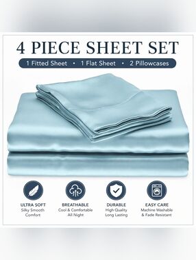 Turqoise Blue Microfiber Satin Sheet Set - Queen‎